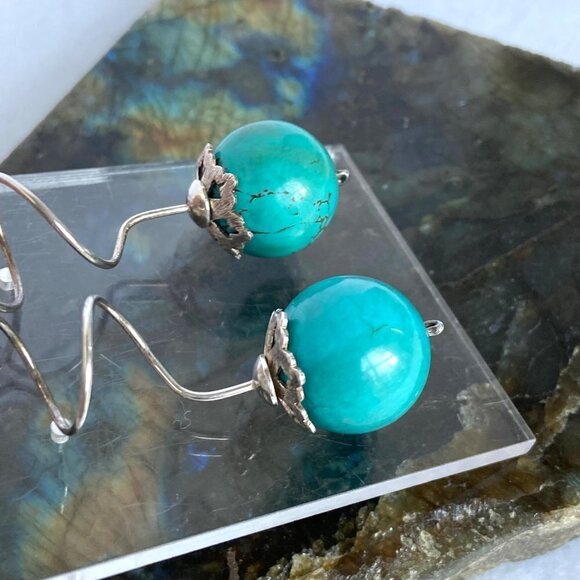 Sterling Silver 925 2.5" Long Spiral Large Faux Turquoise Ball Dangle Earrings - Picture 7 of 16